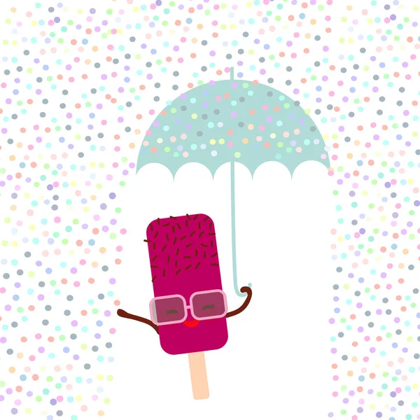 Kawaii Karikatura Růžová Zmrzlina Slunečními Brýlemi Očima Lízátko Modrým Deštníkem — Stockový vektor