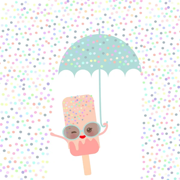 Kawaii Karikatura Růžová Zmrzlina Slunečními Brýlemi Očima Lízátko Modrým Deštníkem — Stockový vektor