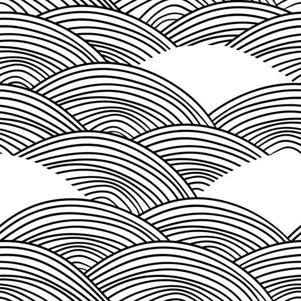 Seigaiha的字面意思是海浪 无缝图案抽象涂鸦线鳞片简单的自然背景日本人圆形黑色白色 可用于礼品包装 壁纸等 矢量说明 — 图库矢量图片