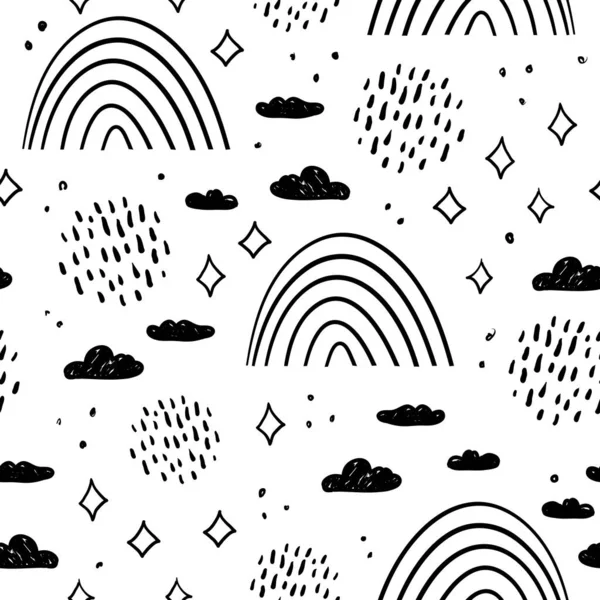 魔法の物語シームレスなパターン虹抽象的なスケール 空の雲と星 シンプルな自然ドアラインのスキャンディナヴィアスタイルの背景 季節の保育園の装飾の傾向白に隔離された黒 ベクターイラスト — ストックベクタ