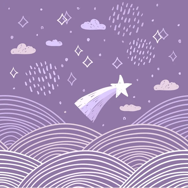 Magisk Eventyrkorts Bannerdesign Abstrakte Skalaer Komet Nattehimmelen Skystjerner Enkle Naturdoodler – stockvektor