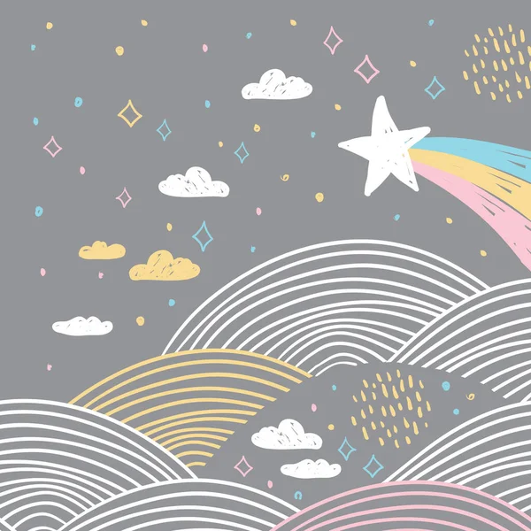 Magie Märchen Karte Banner Design Abstrakte Skalen Kometen Nachthimmel Wolken — Stockvektor