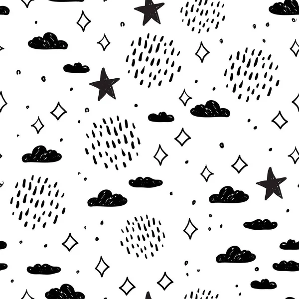 魔法の物語シームレスなパターン抽象的な空の雲の雨や星 単純な自然のドアラインのスキャンディナヴィアスタイルの背景 季節の保育園の装飾の傾向白に隔離された黒 ベクターイラスト — ストックベクタ