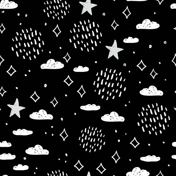 Cuento Mágico Patrón Inconsútil Cielo Abstracto Nubes Estrellas Líneas Simples — Vector de stock