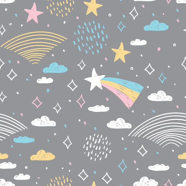 Magic Tale Seamless Pattern Abstract Scales Rain Sky Clouds Stars — Stock Vector