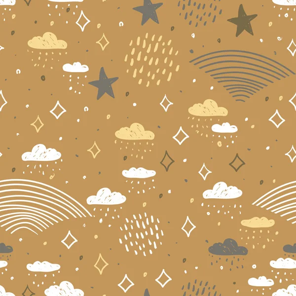 夜雨のシームレスなパターン抽象的なスケール 空の雲の星 単純な自然のドアラインのスキャンディナヴィアスタイル 日焼け古い金の背景に季節の白いシエナの保育園の装飾の傾向 ベクターイラスト — ストックベクタ
