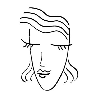 Sanatsal Portre, güzel kadın tasviri. İnsanların Yüzü Çizgileri İskandinav tarzı. Kıyafetler için siluet baskısı, tekstil, poster afişi, mevsimin dekor modası. Vektör illüstrasyonu