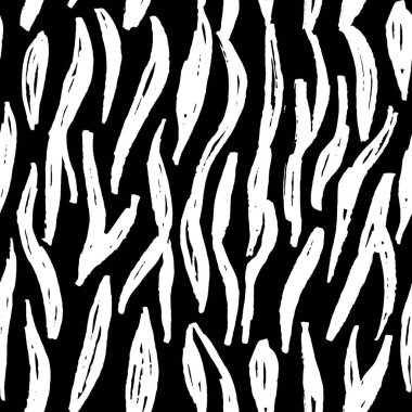 Kusursuz desenli siyah beyaz zebra kaplan kürkü tasarımı, soyut basit çizgiler İskandinav tarzı arka plan grunge dokusu. Mevsimin modası. Hediye paketi kumaşları ve duvar kağıtları için kullanılabilir. Vektör illüstrasyonu