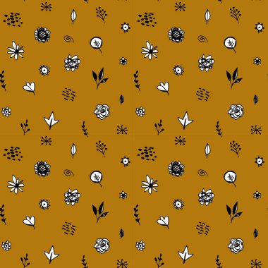 Kusursuz desenli çiçekler soyut karalama el çizgileri bırakır İskandinav tarzı beyaz siyah kahverengi arka plan. Sezonun moda baskısı modası hediye paketi duvar kağıtları için kullanılabilir. Vektör illüstrasyonu