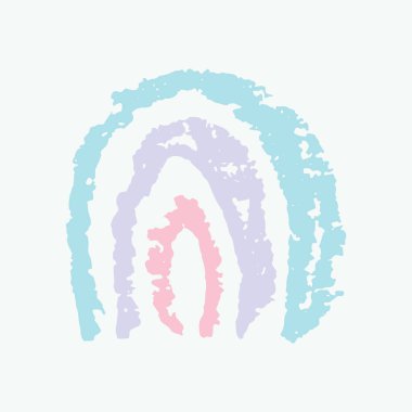 Kart pankartı tasarımı gökkuşağı soyut pulları, gökyüzü, beyaz arkaplanda izole edilmiş basit doğa karalama kalemleri, mavi pembe leylak. İskandinav tarzı kreş dekorunda kullanılabilir. Vektör illüstrasyonu