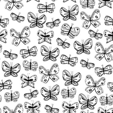 Kusursuz desenli kelebekler. Karalama çizimleri çizmek İskandinav tarzı grunge dokusu. Çocuk odası dekorasyon modası hediye paketi, kumaşlar, duvar kağıtları, beyaz arka planda siyah izole edilmiş. Vektör illüstrasyonu