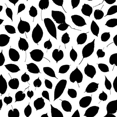 Kusursuz desenli siyah siluet koleksiyonu bırakır. Doğa İskandinav tarzı arka plan. Sezonun dekor modası. Hediye paketi, duvar kağıtları için kullanılabilir. Vektör illüstrasyonu