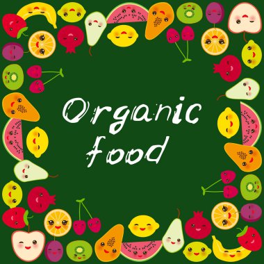 Organik yiyecekler. Kart pankartı tasarımı kare çerçeve Kawaii çilek, portakal, muz kivi, limon kivi, erik, elma, karpuz nar, papaya, koyu yeşil zemin üzerinde armut. Vektör illüstrasyonu