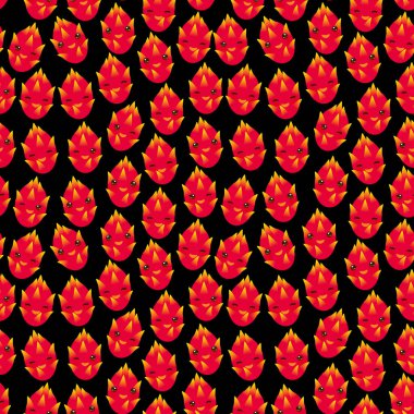 Kusursuz desenli, sevimli Kawaii ejderha meyveli, göz kırpan ve pembe yanaklı, sezonun siyah arka plan modasında. Hediye ambalajı, duvar kâğıtları, yiyecek ambalajı için kullanılabilir. Vektör illüstrasyonu