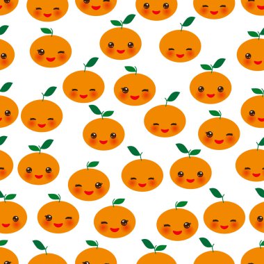 Kusursuz desenli tatlı Kawaii portakalı, göz kırpan ve pembe yanaklı, sezonun beyaz arka plan eğiliminde. Hediye ambalajı, duvar kâğıtları, yiyecek ambalajı için kullanılabilir. Vektör illüstrasyonu