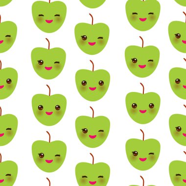 Tatlı Kawaii yeşil elmalı, göz kırpan ve pembe yanaklı kusursuz desenli, sezonun beyaz arka planında izole edilmiş. Hediye ambalajı, duvar kâğıtları, yiyecek ambalajı için kullanılabilir. Vektör illüstrasyonu