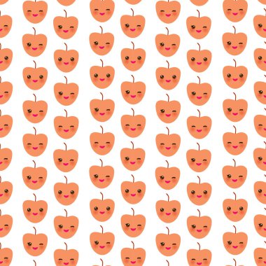 Tatlı Kawaii pembe elmalı, pembe gözlü, pembe yanaklı, sezonun beyaz arka planında izole bir model. Hediye ambalajı, duvar kâğıtları, yiyecek ambalajı için kullanılabilir. Vektör illüstrasyonu