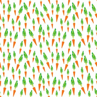 Yeşil yapraklı turuncu havuçlu kusursuz desen mevsimin beyaz arka planında izole edilmiş. Hediye ambalajı, duvar kâğıtları, yiyecek ambalajı için kullanılabilir. Vektör illüstrasyonu