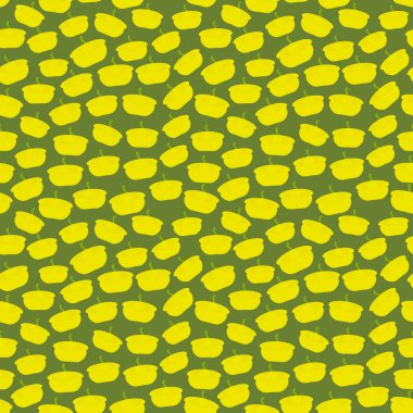 Pattypan kabağı ile sezonun yeşil arka plan trendi üzerinde kusursuz desen. Hediye ambalajı, duvar kâğıtları, yiyecek ambalajı için kullanılabilir. Vektör illüstrasyonu