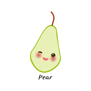 Tatlı Kawaii yeşil armudu, gözleri ve pembe yanakları mevsimin beyaz arka planında izole edilmiş. Çocukların kelime öğrenmesi, yemek paketlemesi için kart kullanılabilir. Vektör illüstrasyonu