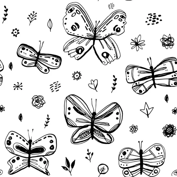 シームレスなパターン蝶の花を残します スケッチフリーハンドドローイングドアラインスキャンディナヴィア風の背景グランジの質感 保育園の装飾の傾向ギフトラップ ベクターイラスト — ストックベクタ