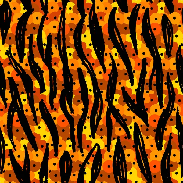 Patrón Sin Costuras Lentejuelas Redondas Piel Cebra Tigre Negro Naranja — Vector de stock