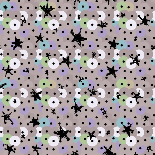 Paillettes Rondes Étoiles Noires Motif Sans Couture Gris Fond Bleu — Image vectorielle