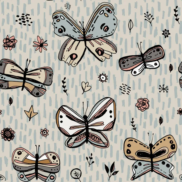 シームレスなパターン蝶の花を残します スケッチフリーハンドドローイングドアラインスキャンディナヴィア風の背景グランジの質感 保育園の装飾ギフトラップ グレーブラックホワイト ベクターイラスト — ストックベクタ