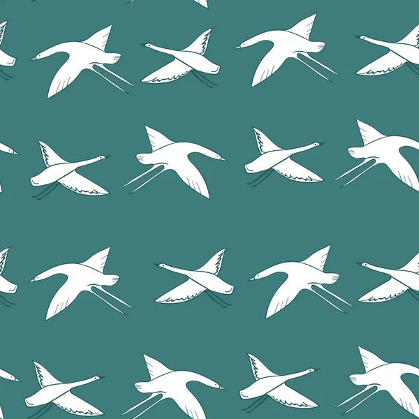 シームレスなパターン白鶴白鳥 サギの鳥 ターコイズの空 シンプルなラインのスキャンディナヴィアスタイルの背景を飛ぶ 季節のトレンド ギフト包装生地 壁紙に使用することができます ベクターイラスト — ストックベクタ