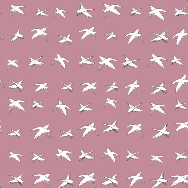 Seamless Pattern White Cranes Swans Herons Birds Fly Pink Coral — Stock Vector