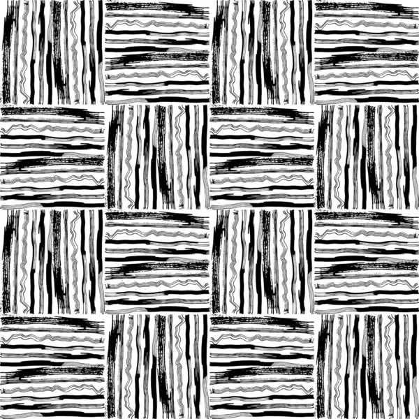 Patrón Sin Costuras Blanco Líneas Negras Cuadrados Pinceladas Diseño Abstracto — Vector de stock