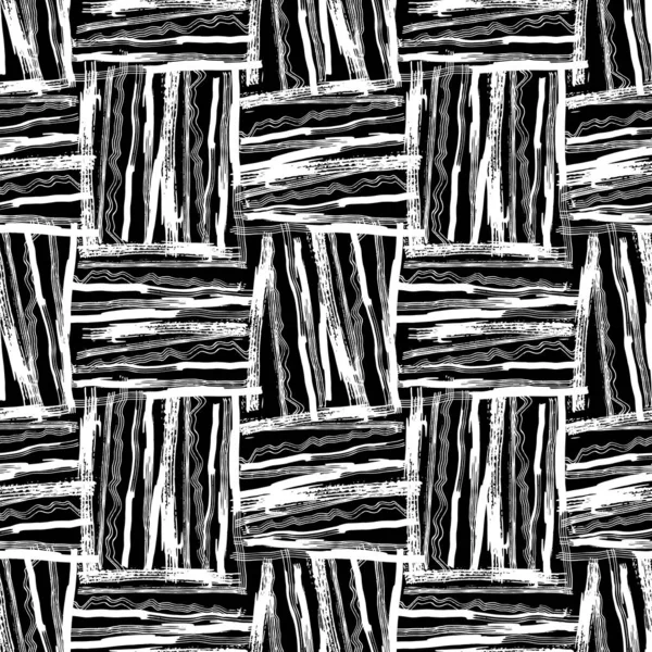 Modèle Sans Couture Blanc Lignes Noires Carrés Coups Pinceau Design — Image vectorielle