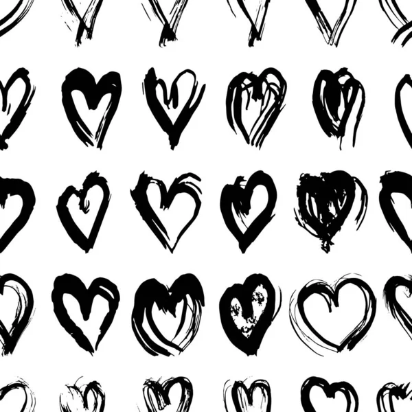 Бесшовный Рисунок Черно Белая Кисть Сердца Мазки Линии Дизайна Абстрактный — стоковый вектор