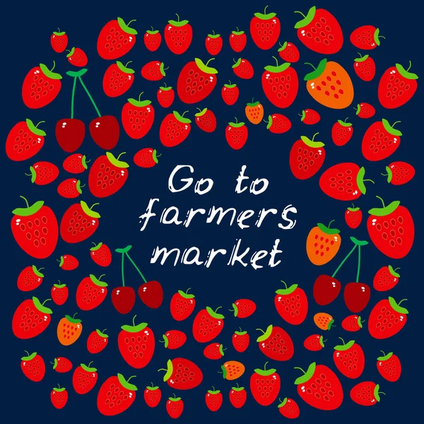 去农贸市场 当地种植的食物 卡片横幅模板成熟的红樱桃和草莓 黑色文字 手工涂鸦蓝色背景 Vecto — 图库矢量图片