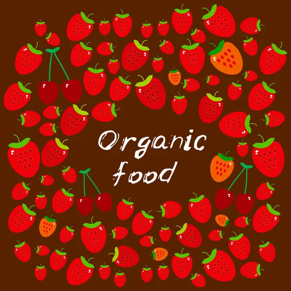有机食品 农贸市场 卡片横幅模板成熟的红樱桃和草莓 白色文字 涂鸦手在黑暗的勃艮第背景 矢量说明 — 图库矢量图片