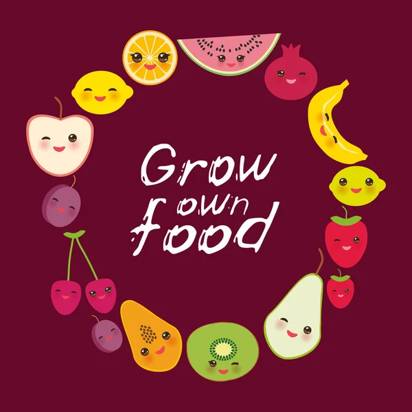 Grow Own Food Card Banner Template Frame Kawaii Strawberry Orange — Stock Vector