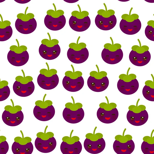 Patrón Sin Costuras Lindo Mangostán Púrpura Kawaii Con Ojos Guiños — Vector de stock
