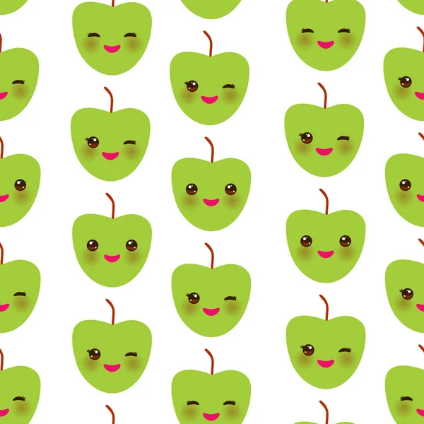 Seamless Pattern Cute Kawaii Green Apple Wink Eyes Pink Cheeks — Stock Vector