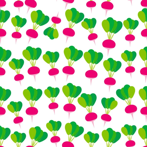 Seamless Pattern Pink Radish Green Leaves Isolated White Background Trend — Stock Vector