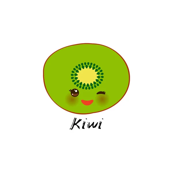 Lindo Kiwi Verde Kawaii Con Ojos Mejillas Color Rosa Aislado — Vector de stock