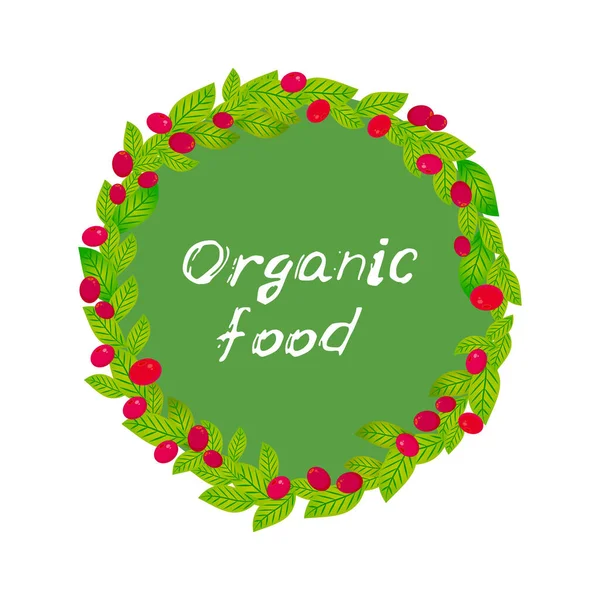 Organic Food Wreath Green Leaves Red Cranberries Lingonberries Fresh Juicy — Stock Vector