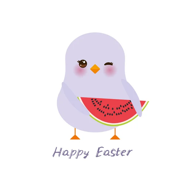 复活节快乐贺卡横幅模板 Kawaii百合花小鸡可爱有趣的鸟与粉红的脸颊和闪烁的眼睛 油腻的颜色隔离在白色的背景 矢量说明 — 图库矢量图片