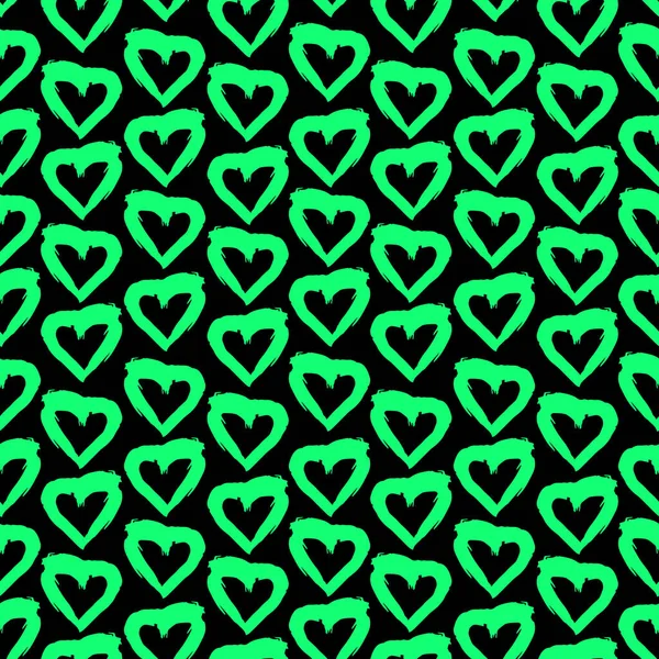 Bezešvé Vzor Černá Zelená Srdce Tahy Štětcem Čáry Design Abstraktní — Stockový vektor