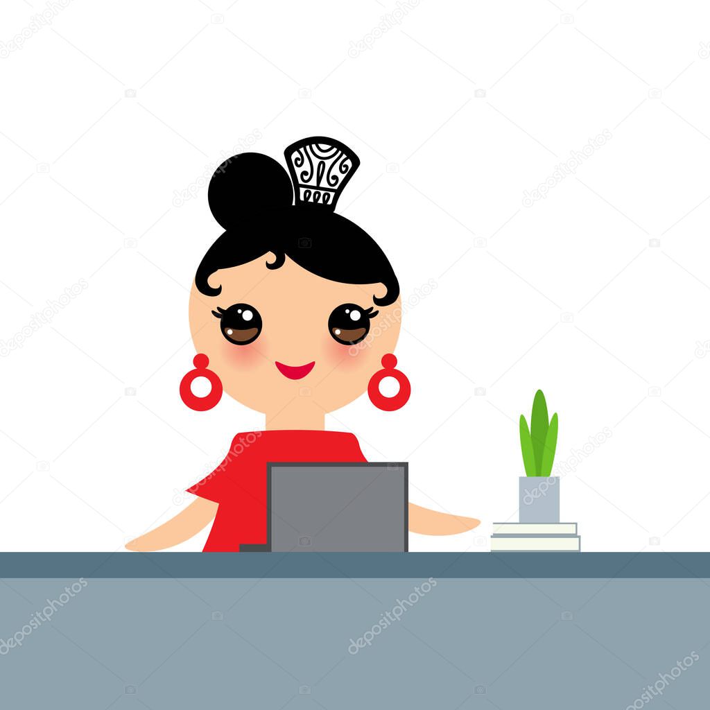Spanish Woman flamenco dancer. Kawaii cute face with pink cheeks. Gipsy girl, red dress, home office, online training dancing, distance learning, Isolated on white background. Vector illustration