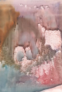 Çizim soyut manzara kahverengi, pembe ve mavi suluboya monotip tekniği, soyut doku arkaplanı tasarımınız için