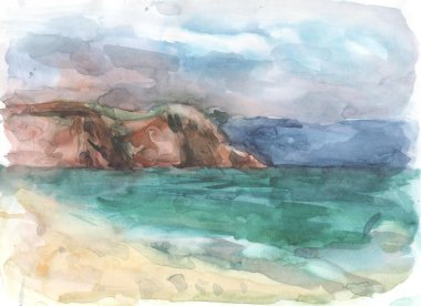 Suluboya deniz, dalgalar, dağlar, manzara, plaj illüstrasyonu.