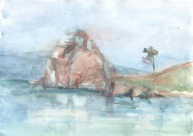 Suluboya deniz, dalgalar, dağlar, manzara, sahil, çam çizimi.