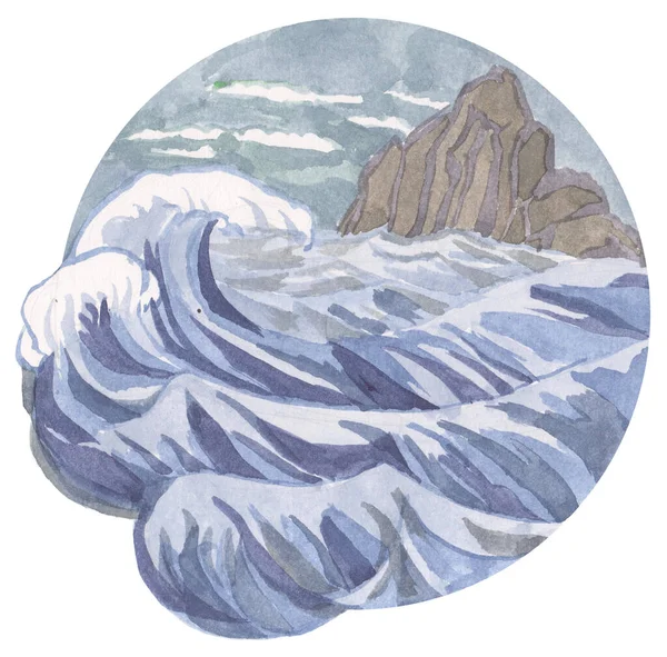 Aquarel Schilderen Storm Zee Golven Bergen Illustratie — Stockfoto