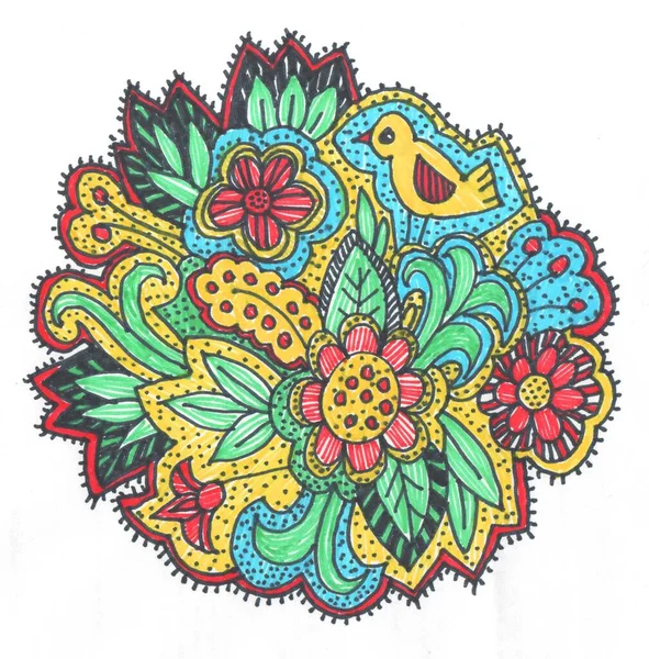 Doodle Con Flores Pájaros Ilustración Amarilla Verde Roja Azul — Foto de Stock