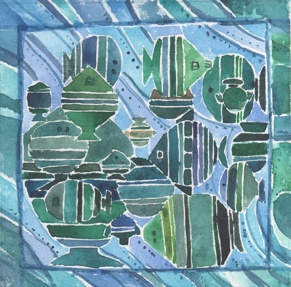 Aquarell Grüne Fische Auf Blauem Hintergrund Illustration — Stockfoto